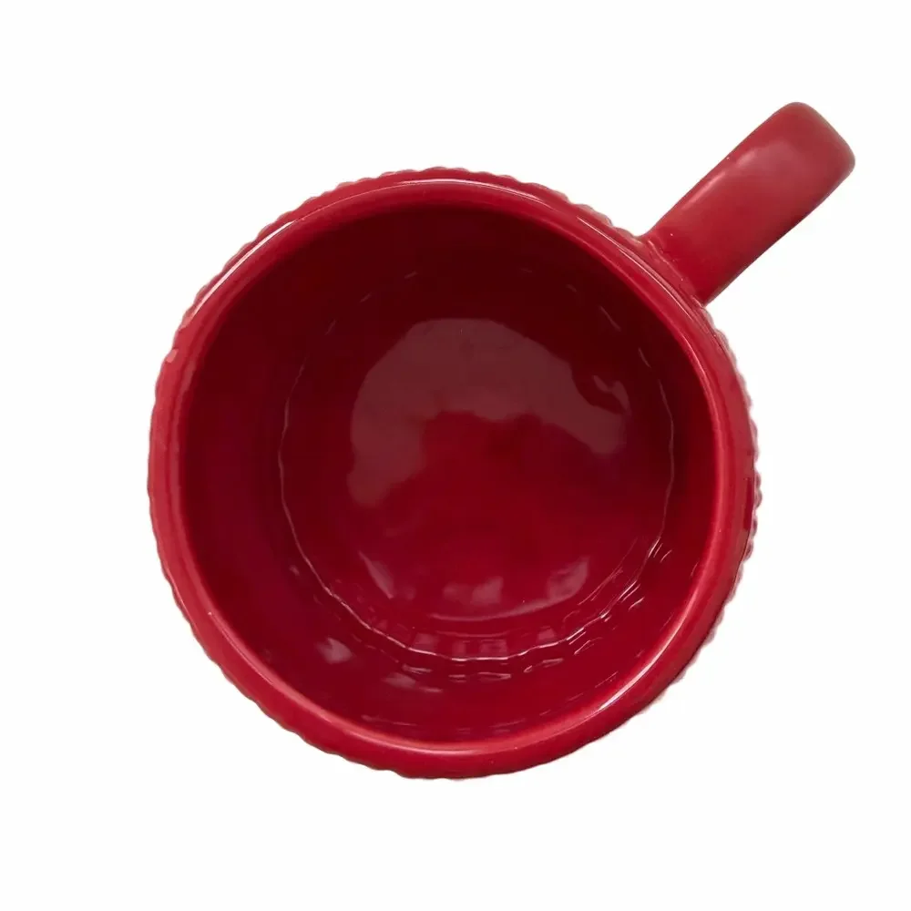 West Elm Red Stoneware Knit Ski Cap Hat Hot Chocolate Coffee Mug w/ Lid EUC